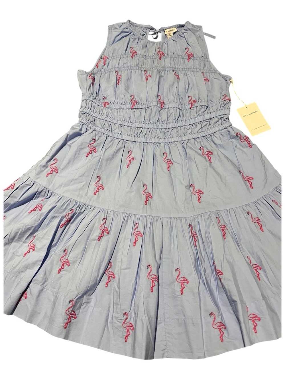 The Free Aseembly Light Blue Tiered Dress with Pink Flamingo Embroidery